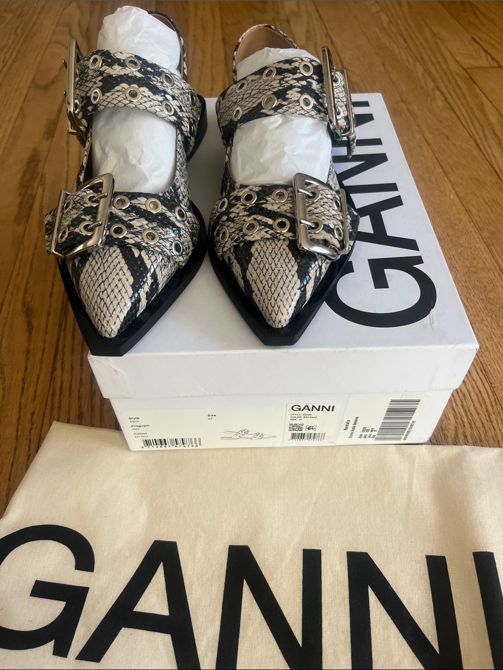 Ganni snake print buckle grommet ballet flats NIB SZ 37 punk Balletcore